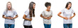 © Krakenimages.com - Collage of group of chinese, arab, african american woman over isolated background with hand on stomach because indigestion, painful illness feeling unwell. Ache concept.