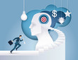Businessman hold arrow Running up stairway to the target on Human Head, Goal as Think, Business concept growth to success, Reach the target, Positioning strategy in consumer customer