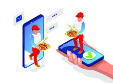 Site Layout For Ordering Pizza Online Via Smartphone And Delivery 24/7. Pizza Courier In Uniform With Hot Tasty Pizza In Hand. Isometric 3d
