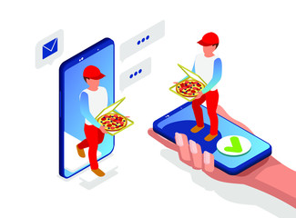 Site layout for ordering pizza online via smartphone and delivery 24/7. Pizza courier in uniform with hot tasty pizza in hand. Isometric 3d