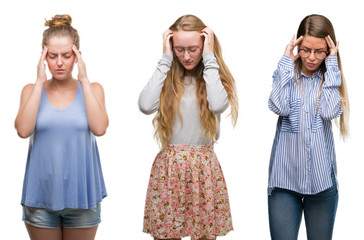 Poster - Collage of group of blonde women over isolated background with hand on head for pain in head because stress. Suffering migraine.