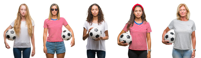 Wall Mural - Collage of group of young and senior women holding soccer ball over isolated background with a confident expression on smart face thinking serious