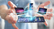 © sdecoret - Modern devices connected in businessman hand 3D rendering