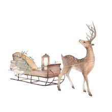 Vintage Sleigh Art. Watercolor Winter Time Illustration. Cozy Isolated Decorative Composition: Sled, Candle Lamp And Deer On White Background. Hand Drawn Christmas Design.