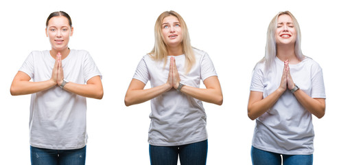 Sticker - Collage of group of young women wearing white t-shirt over isolated background begging and praying with hands together with hope expression on face very emotional and worried. Asking for forgiveness.