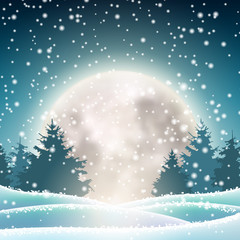 Winter snowy landscape with big shinny moon