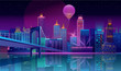 Vector concept background with night city illuminated with neon glowing lights. Futuristic cityscape in blue and violet colors, panorama with modern buildings, high skyscrapers, urban skyline