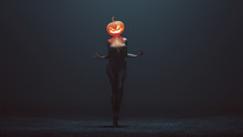 Sexy Pumpkin Head Devil Woman In A Foggy Void 3d Illustration 3d Render