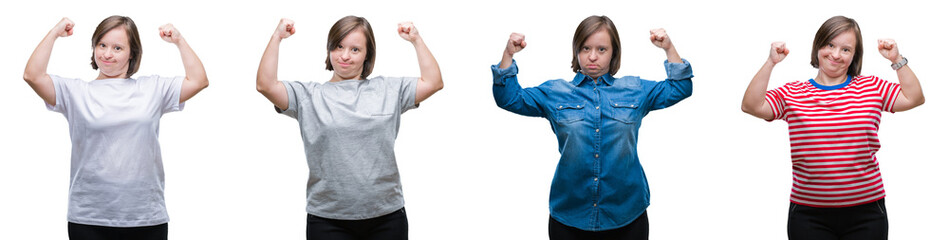 Sticker - Collage of down sydrome woman over isolated background showing arms muscles smiling proud. Fitness concept.