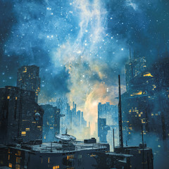 galactic space colony by night / 3d illustration of dark futuristic science fiction city under a glo