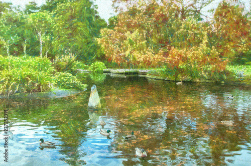 Fototapety Claude Monet  zdjecie-kaczego-stawu-w-parku-jesienia-zmodyfikowane-tak-aby-wygladalo-jak-obraz-moneta
