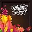 © Irina - Vector Hand drawn Happy Thanksgiving, fallen leaves square frame on black background. Festive style autumn calligraphy.