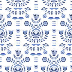 Folk Blue Flowers on White Background Vector Seamless Pattern. Delft Florals. Hand-drawn doodle monochrome flora.