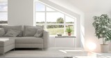 Fototapeta  - Idea of white room with sofa and summer landscape in window. Scandinavian interior design. 3D illustration