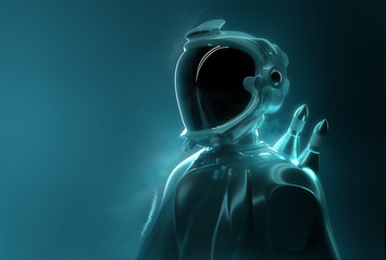 Wall Mural - futuristic spaceman - advance technology. portrait of a young adult in full space exploration gear. 