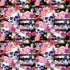 Wall Mural - Human skulls, bright flowers. Seamless pattern with black stripes. Watercolor