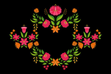 Wall Mural - Hungarian folk pattern vector frame. Kalocsa floral ethnic ornament. Slavic vintage eastern european print on black background. Traditional flower design for wedding card or birthday invitation.