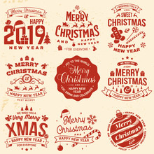 Set Of Merry Christmas And Happy New Year Stamp, Sticker Set With Snowflakes, Hanging Christmas Ball, Santa Hat, Candy.
