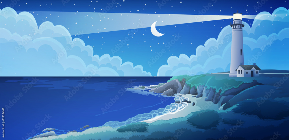 Peaceful seaside landscape with white lighthouse and house at night ...