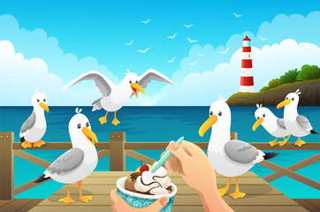 Seascape with greedy seagulls watching a person eat an ice cream on the wooden pier. Vector illustration