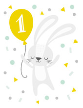 Cute Rabbit Holding A Balloon. First Birthday Happy Bunny With Confetti. Birthday Party Invitation, Card. 