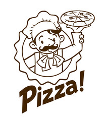 Sticker - Emblem of funny cook or baker with pizza and logo