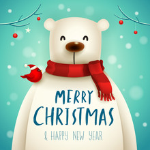 Christmas Polar Bear With Red Scarf. Christmas Cute Animal Cartoon Character.