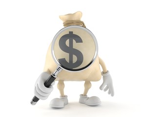 Wall Mural - Dollar money bag character looking through magnifying glass