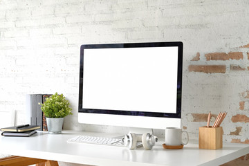 Canvas Print - loft workplace with mockup blank screen desktop computer and home office accessories