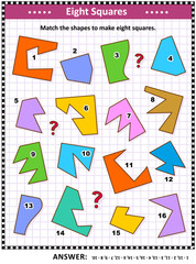 IQ and spatial reasoning skills training math visual puzzle: Match the shapes to make eight squares. Answer included.