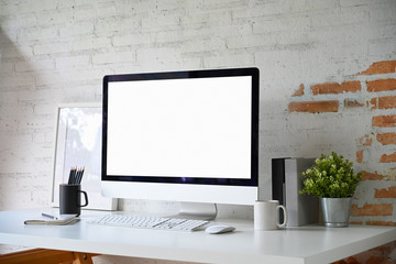 Fototapete - Loft workplace with mockup blank screen desktop computer and home office accessories