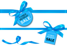Decorative Horizontal Blue Ribbon With Bow And Sale Tag For Cyber Monday Sale Design. Vector Decoration And Label Isolated On White Background