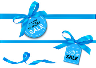 decorative horizontal blue ribbon with bow and sale tag for cyber monday sale design. vector decorat