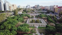 SPAIN, VALENCIA - FEBRUARY, 14 2018 City Of Arts And Scients, Aerial Shooting, View From The Center Of Valencia To City Of Arts From Drone, Sunny Day Panorama