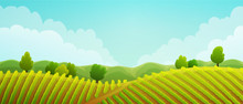 Rural Landscape Of Vineyard. Green Vines On Hills With Trees And Mountains In Background. Summer Season. Vector Illustration.
