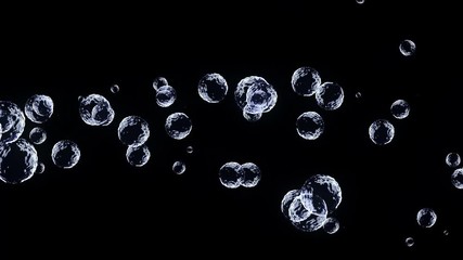 Poster - Abstract flying transparent blue bubbles on black background. Shallow depth of field. Soap bubbles flying on black background. Animation of digital graphics. A lot of bubbles float to the surface of