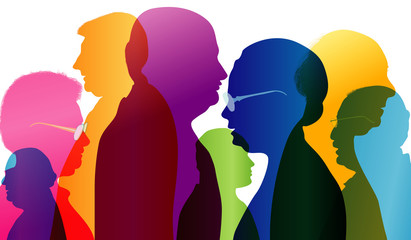 Wall Mural - Dialogue between old people. Group of old people talking. Conversation in mature age. Colored silhouette profile. Multiple exposure