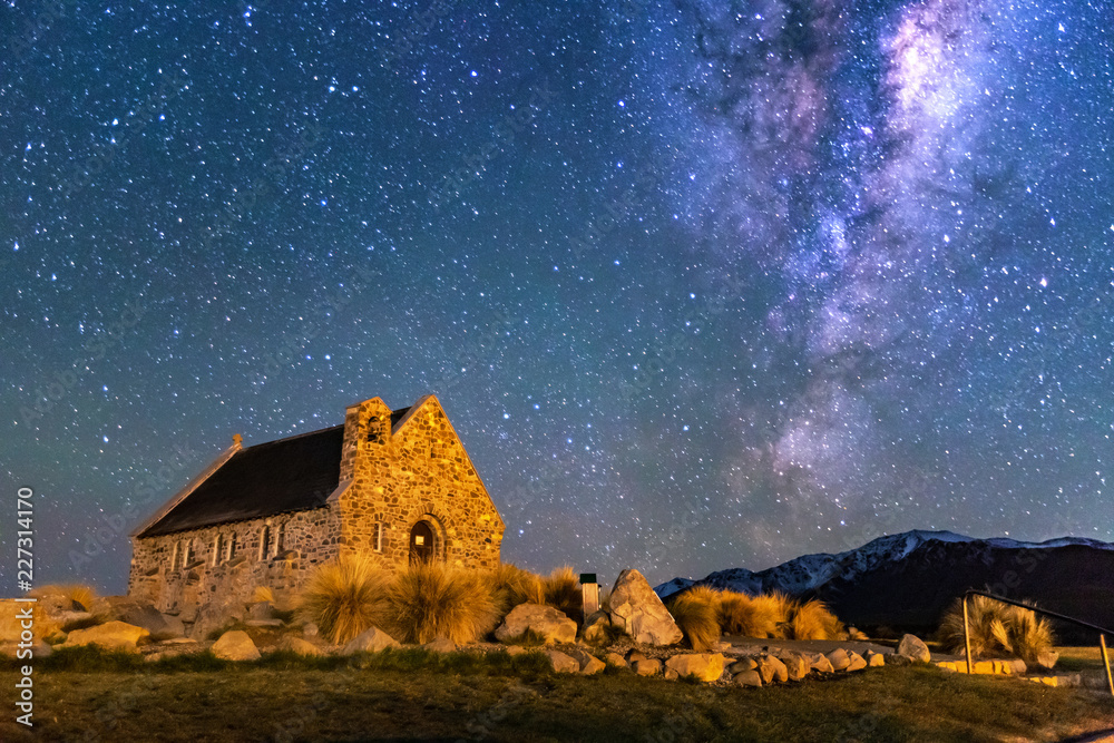 Milky way over Church of Good Shepherd, Lake Tekapo, New Zealand Stock ...