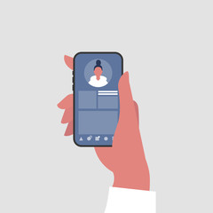 social media profile. hand holding a smartphone. millennial lifestyle. communication technologies. f