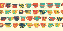 Tea Cups Vector Seamless Pattern Border Beige. Tea Cups, Teapot, Spoons, Cupcakes. Hand Drawn Mug Illustration. Retro Print For Packaging, Fabric, Menu, Cafe, Bakery, Tea Party, Cards, Winter