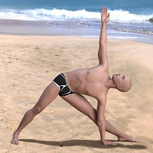 Bald Man In Black Briefs Practising The Triangle Or Trikonasana Yoga Pose On A Sandy Beach. Square 3d Render.