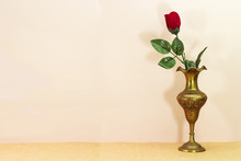 Red Rose Flower In East Gold Antique Brass Vase 