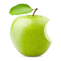 Green juicy apple, bite, isolated on white background, clipping path