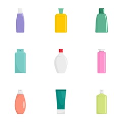 Sticker - Cosmetic bottle icon set. Flat set of 9 cosmetic bottle vector icons for web design