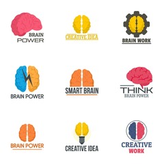 Poster - Brain innovation logo set. Flat set of 9 brain innovation vector logo for web design