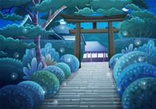Colorful Japanese Landscape Of Stone Stairs Heading To A Shrine Through A Wooden Torii At Night. Garden With Bushes,trees And Fireflies. Vector Illustration.