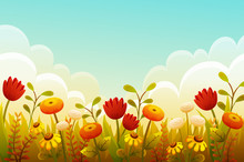 Cute Cartoon Flowers In Grass Border. Red Tulips, Orange And Yellow Flowers. Autumn Scene With Blue Sky And Clouds. Vector Illustration.