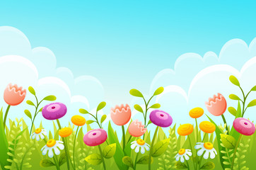 cute cartoon flowers in green grass border. pink tulips, chamomile and yellow buds. spring scene wit