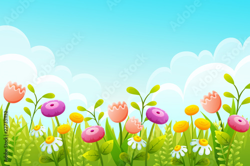 Dekoracja na wymiar  kreskowka-kwiaty-w-zielonej-trawie-granicy-rozowe-tulipany-rumianek-i-zolte-paki-wiosna