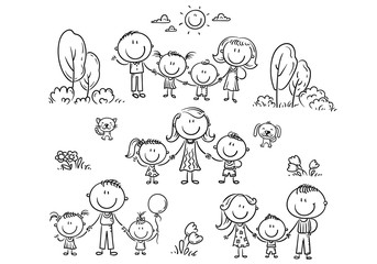 Leinwandbilder - Happy families set with children, outline illustration